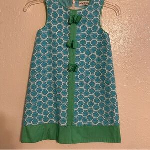 Mini Boden Green trim bow and Blue shell print Kids Dress size 7-8